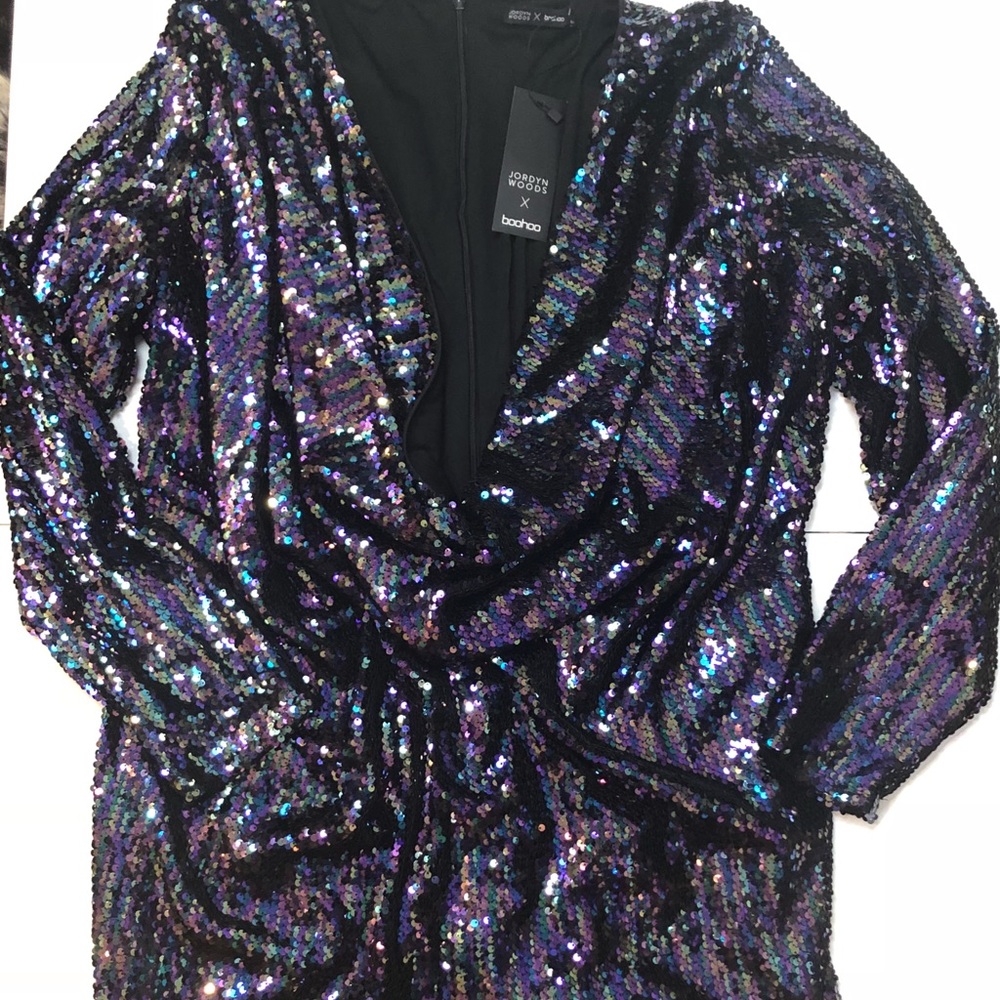 BOOHOO x JORDYN WOODS sequin cowl neck dress US16